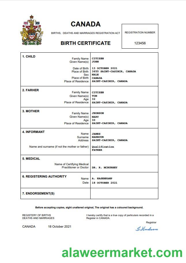 Canada birth certificate Word and PDF template